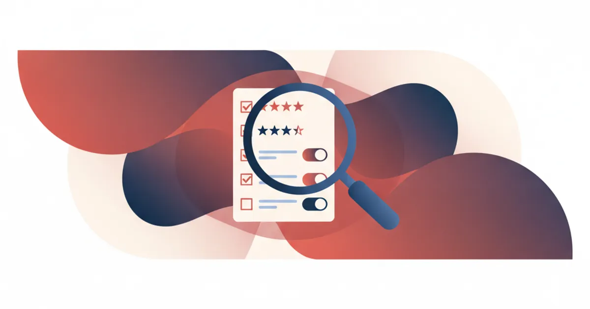 a magnifying glass over a checklist with star ratings