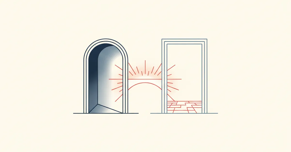 two doorways, one dim and one bright, joined by a bridge
