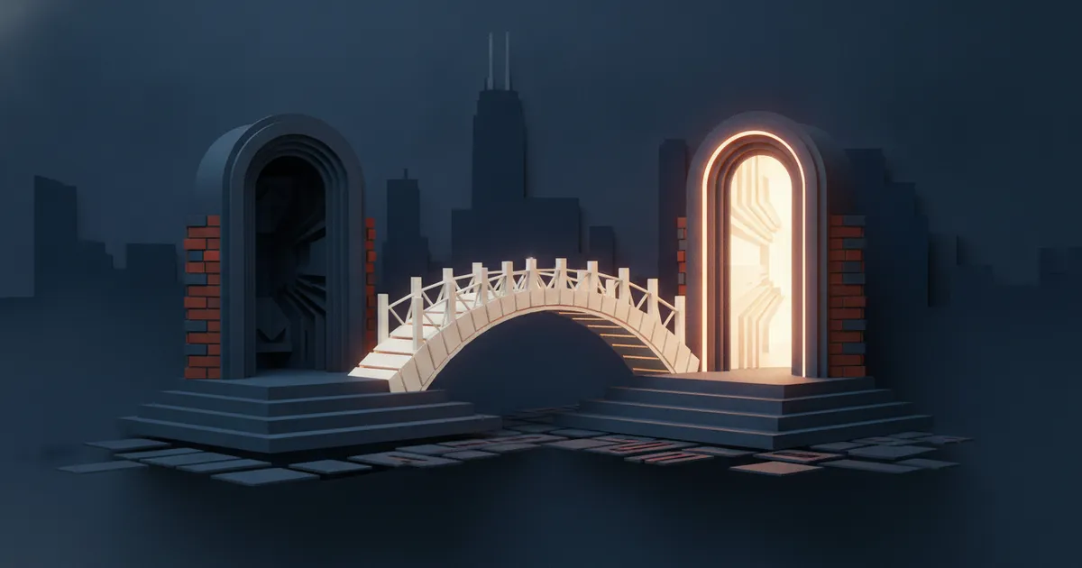 two doorways, one dim and one bright, joined by a bridge