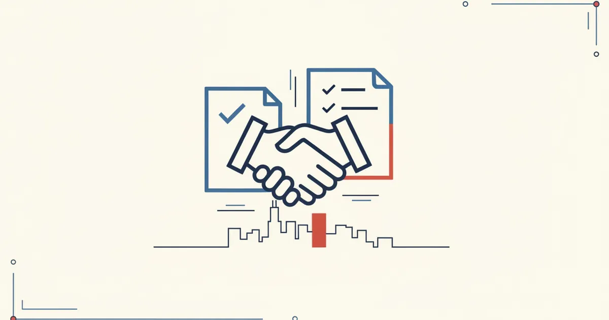 a handshake overlaid with documents and checkmarks